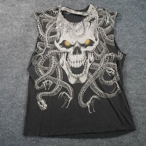 Vintage Liquid Blue Medusa Shirt Mens XL Black Skulls Distressed Faded AOP Tank